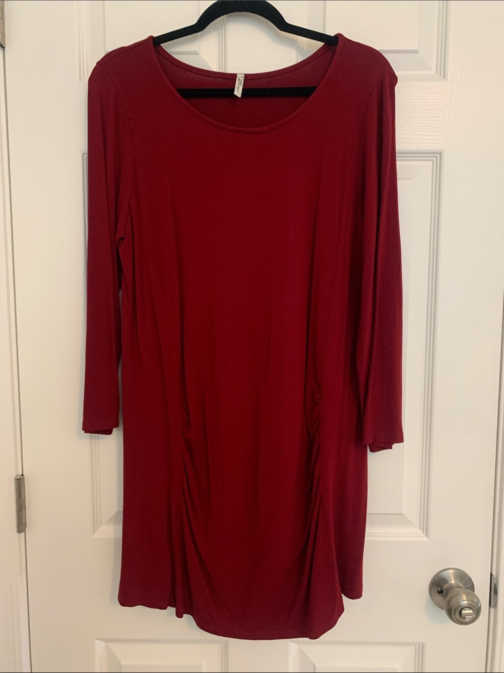 Mother Bee Maternity Long Sleeve Scoop Neck Dress in Burgundy